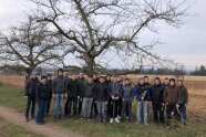 Personengruppe steht vor Baum auf Feld